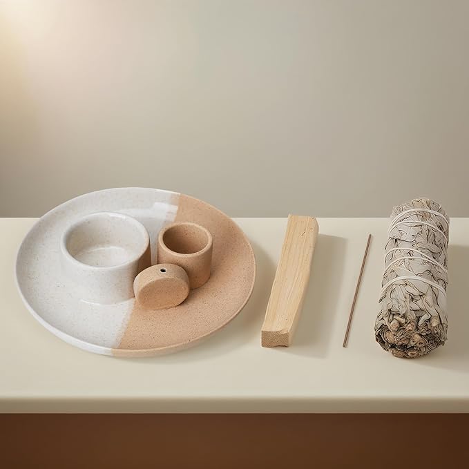 4 in 1 Incense Holder, Ceramic Incense Stick and Palo Santo Holder,Sage Holder for Burning- 5.5" Ceramic Ash Catcher Tray for Meditation and Yoga Room (White Sand)