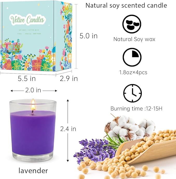 Set of 4 Purple Votive Candles, Clear Glass Filled Soy Wax Lavender Scented Candles for Home Spa Stress Relax and DIY
