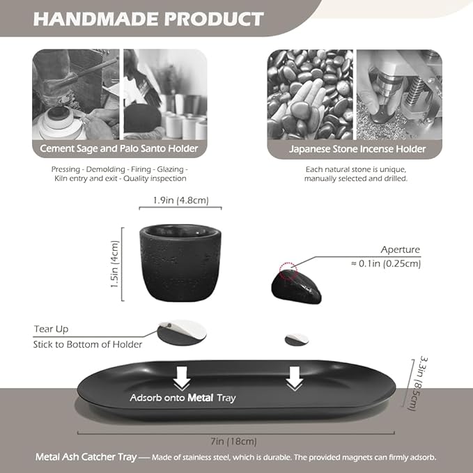 Incense Holder for Sticks, Handmade Sage and Palo Santo Holder, Sage Smudge Burner, Palo Santo Sticks Holder, Ash Catcher Tray, Yoga Meditation (Black)