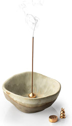 Incense Burner, Ceramic 4 in 1 Incense Holder, Unique Round Shape Incense Holder for Sticks, Handcrafted Incense Cone Burner with 3 Incense Sockets for Meditation Space, Yoga, Gray-Green