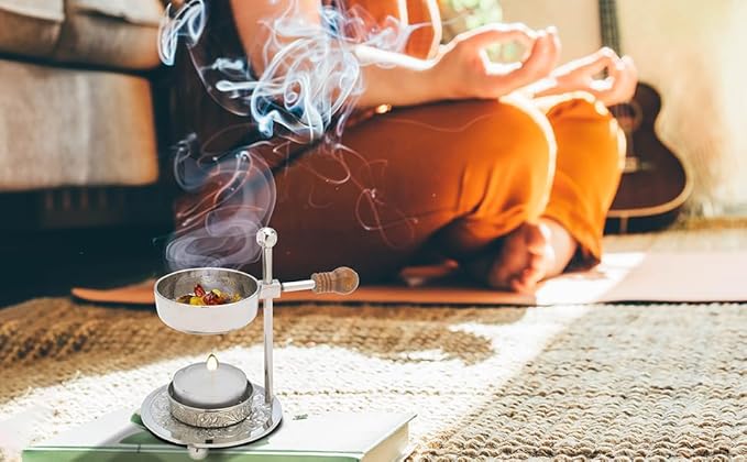 Adjustable Resin Incense Burner/Incense Censer with Tealight and Wooden Handle – HANDCRAFTET Nickel-Plated Brass, Height 4.33 inch, Durable Aromatherapy Holder for Safe Burning