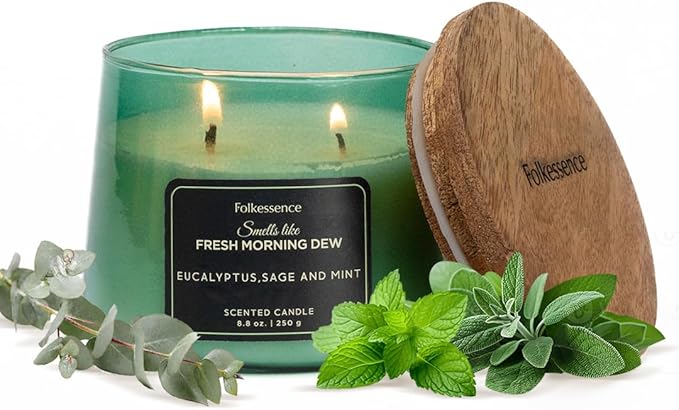 Folkulture Scented Candle | 8.81 Oz - Eucalyptus Candles for Home Scented | Sage & Mint Soy Candle or Non Toxic Candles for Relaxing | Long Lasting Green Candle for Relaxation Gifts for Women