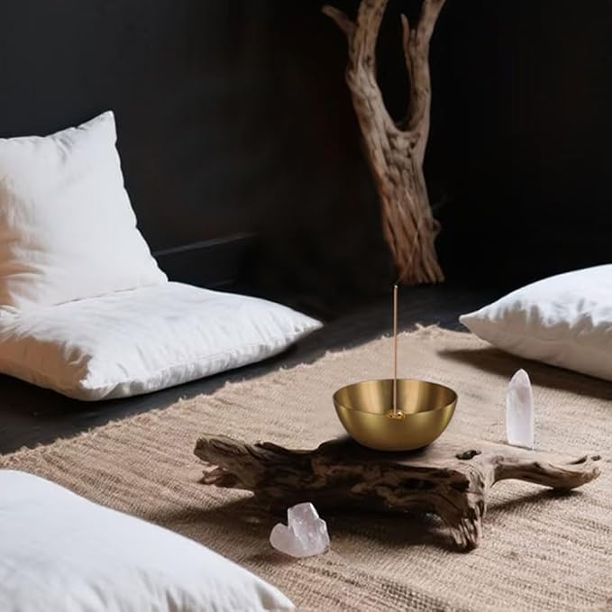 5 Inch Brass Incense Bowl, Large Copper Incense Holder for Sticks/Cones, Offering Bowl, Singing Bowl, Ash Catcher for Altar, Meditation, Yoga (Gold&Yellow)