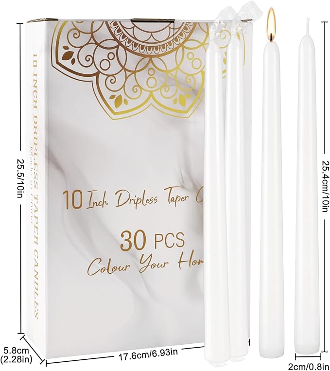 30 Pack of 10 Inch White Unscented Taper Candles-8 Hour Long Burning Dripless Table Candles for Wedding, and Home Decoration