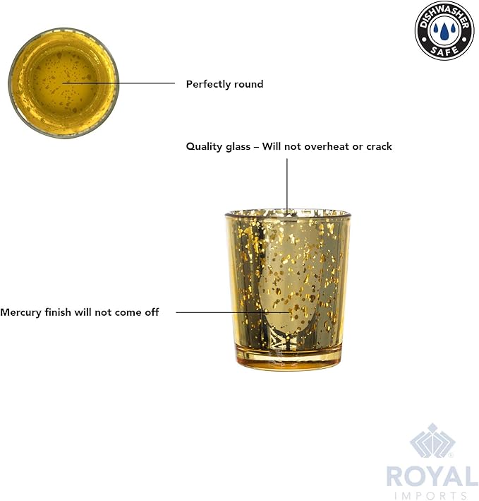 Royal Imports Gold Mercury Glass Votive Candle Holder, Table Centerpiece Tealight Decoration for Elegant Dinner, Party, Wedding, Holiday, Set of 12 (Unfilled)