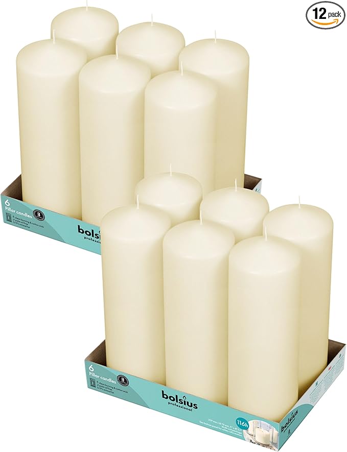BOLSIUS 12 Ivory Pillar Candles Bulk - 3x9 Inches Candle Set - 116+ Hours Clean Burning - No Palm Oil - 0% Animal Fat - Premium European Quality - Unscented Dripless Decorative Pillars
