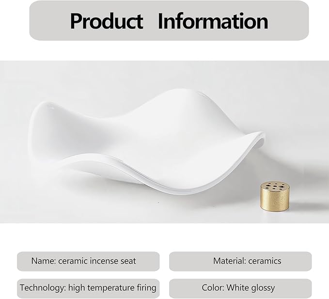 6.7 "Ceramic Incense Burner for Incense/Coil,Wavy Base with Brass -Incense Holder for Sticks,with Ash Catching Bowl for Meditation Yoga and Home Decoration (White)