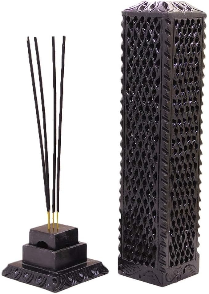 Handmade Black Soapstone Incense Stick Tower Holder | Marble Incense Stick Tower Burner Holder Spa Aromatherapy Home Office Fragrance Accessories Home Office Decor - (11 X 3 Inches)