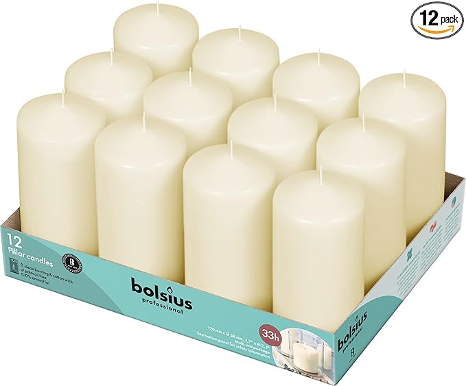BOLSIUS Set of 12 Ivory Pillar Candles - 2.25-x 4.75 Inch Unscented Dripless Clean Burning Dinner Candle -Wedding Parties Special Occasions