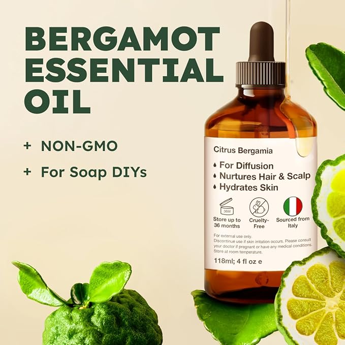 KUKKA Bergamot Essential Oils - 4 Fl Oz - for Hair, Skin, Diffuser, Aromatherapy & DIY Soap Making Scent