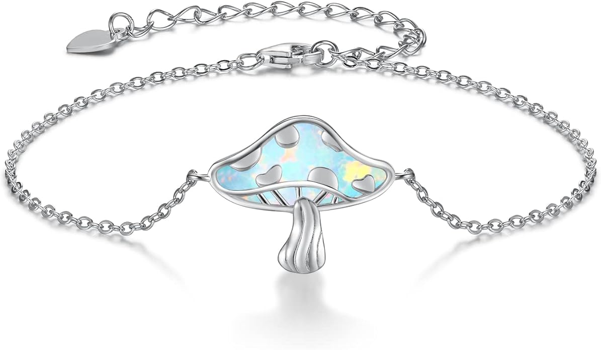 TYSO Mushroom Bracelet 925 Sterling Silver White/Pink/Blue Opal Mushroom Bracelet Jewelry Gift for Women