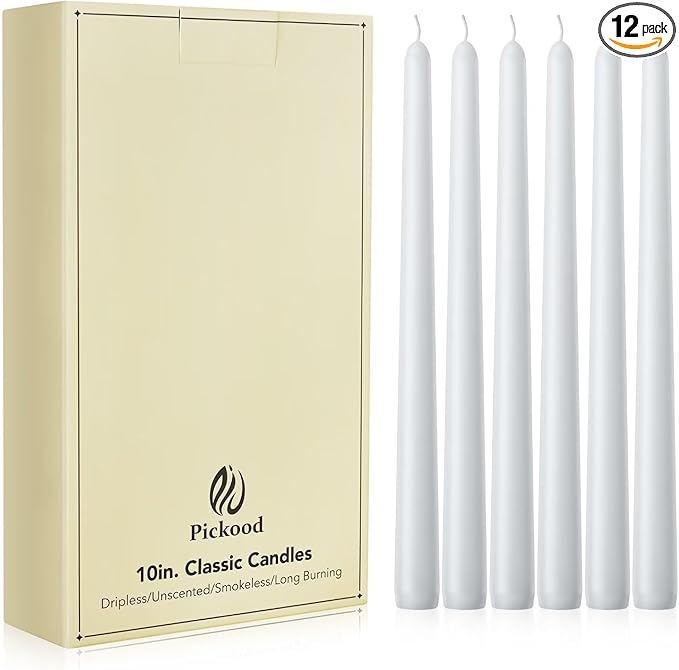 New Burning Formula Unscented Dripless 10-Inch Taper Candles Set of 12 - White, for Wedding, Dinner - Smokeless, Long Burning - Hand Poured, Colored Tall Candlesticks - Blancas