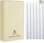 New Burning Formula Unscented Dripless 10-Inch Taper Candles Set of 12 - White, for Wedding, Dinner - Smokeless, Long Burning - Hand Poured, Colored Tall Candlesticks - Blancas
