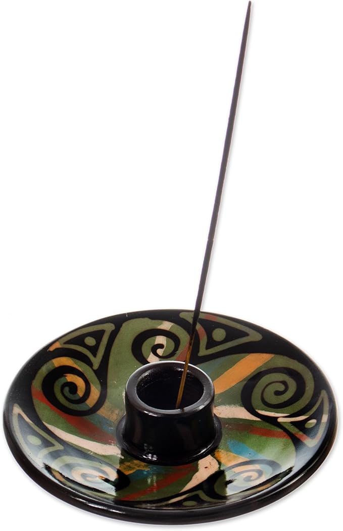NOVICA Artisan Crafted Ceramic Incense Holder | Vicus Culture Style | Swirl Patterned Round | Meticulous Art | Handmade Designed | Home Decoration | Peru 'Ancestral Swirls' 5" Diam.