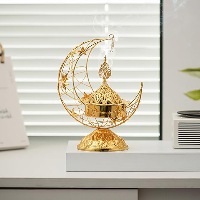 Metal Greek Incense Burner Antique Arabic Incense Censer Pot Metal Candlestick Candle Stand Incense Bowl for Aromatherapy Yoga Spa Home Decor (Gold)