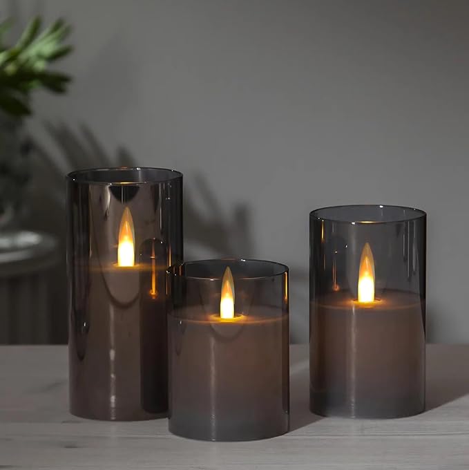 Flameless LED Candles, New Analog 3D Wick Battery Powered Candle, Fake Candle with Remote Control & Timer for Dining Table/Cafe/Living Room/Bedroom/Wedding Center Decor (Grey)