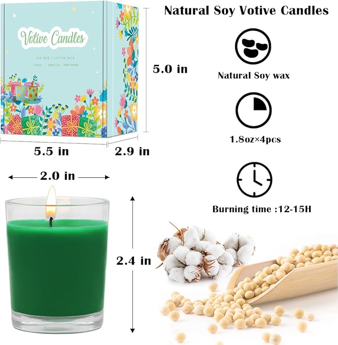 Set of 4 Green Votive Candles for Christmas and St. Patrick's Day, Clear Glass Filled Unscented Soy Wax Candle for Spring Home Decoration and DIY