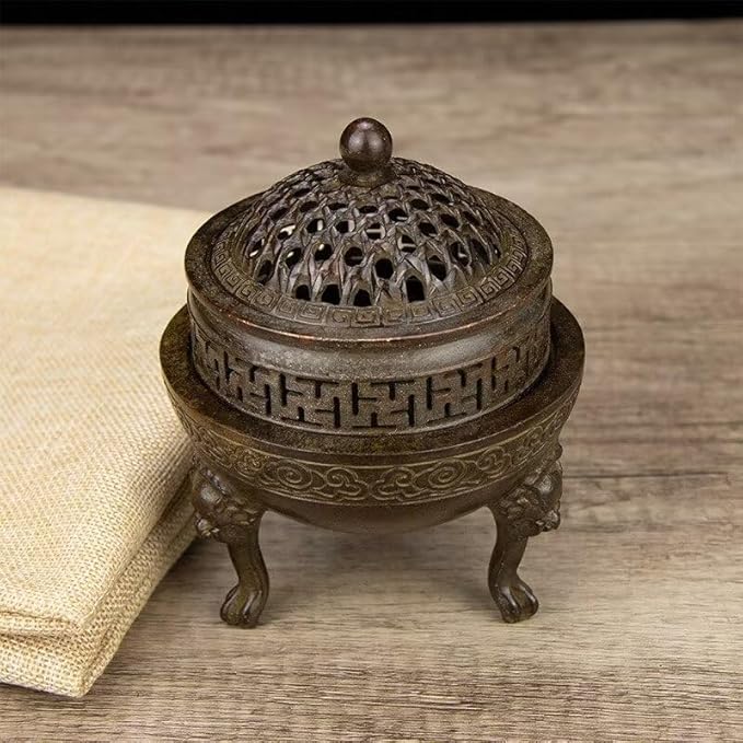 Copper Incense Burner Chinese Brass Incense Burner Kit Traditional Zen Incense Burner Antique Style Office Yoga Home Decor 4.2 * 4.2 * 5.1IN 1.8LB