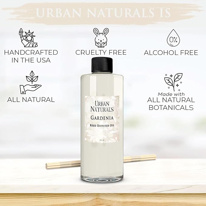 Urban Naturals Reed Diffuser Oil Refill Gardenia with Jasmine, Ylang Ylang, Tuberose, Amber 8 oz + Free Reed Sticks, Made in The USA
