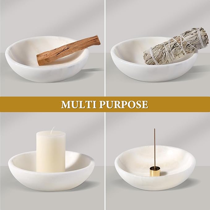 Koville Natural Marble Incense Holder, Incense Holder for Sticks with 9 Holes, Handmade Incense Burner Ash Catcher for Meditation Yoga SPA, Balsam Fir/Palo Santo/Sage/Cone (White)