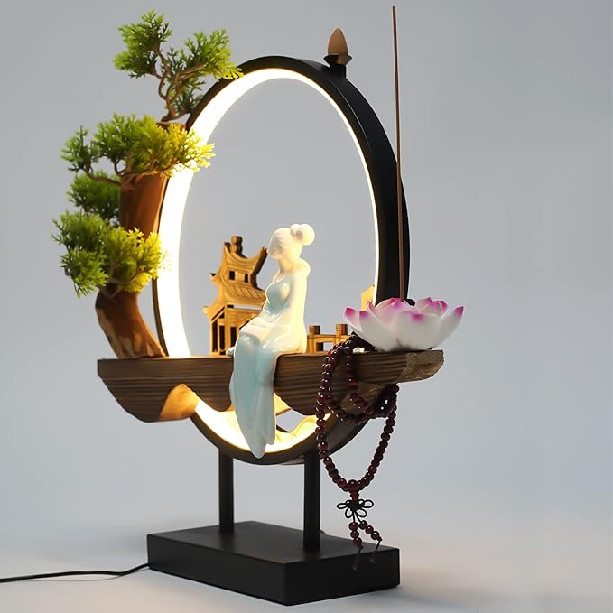 Backflow Incense Holder with LED Light and Pines, Ceramic Lady Chinese Style Backflow Incense Burner Perfect for Relaxing or Home Decor