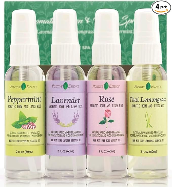 Linen and Room Spray Gift Set, (Lavender, Lemongrass, Rose, & Peppermint), Natural Air Freshener Made with Pure Essential Oils & Minimal Ingredients, Perfect Bathroom Spray or Room Mist, 4-Pack