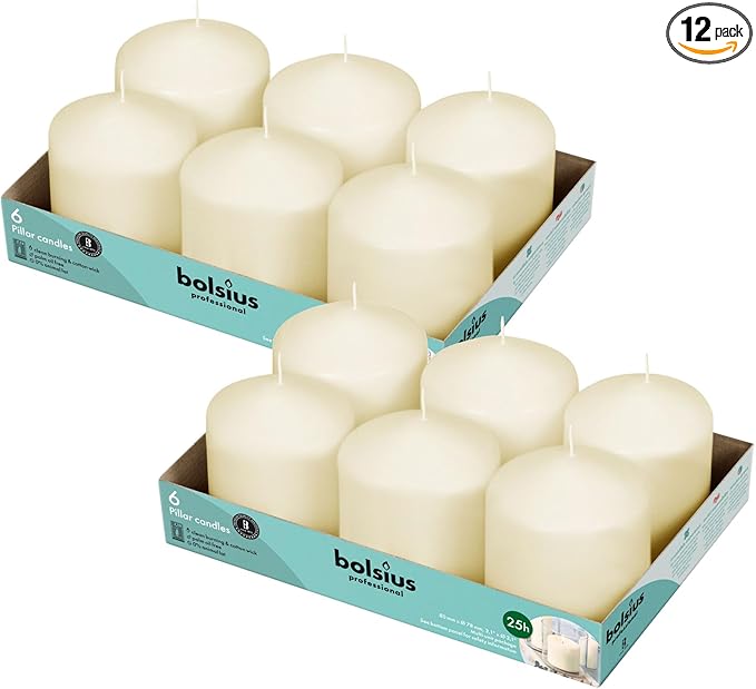 BOLSIUS 12 Ivory Pillar Candles Bulk - 3x3 Inches Candle Set - 25+ Hours Clean Burning - No Palm Oil - 0% Animal Fat - Premium European Quality - Unscented Dripless Emergency Pillars