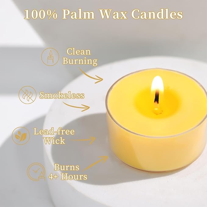 Citronella Scented Tea Lights Candles – Yellow – 6 Hour Burn – 100% Palm Wax – Scented Tealight Candles for Outdoor Summer Nights, Patio Dining – 48 Pack Scent Votive Candle
