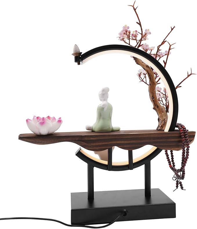 Backflow Incense Holder Incense Burner with Adjustable LED Light Ring Chinese Style Handmade Flower Censer,Compatible with Cone and Stick Incense (C)