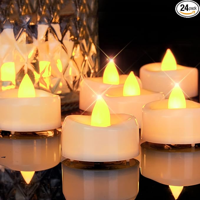 Flameless Candles, 24Pack Timer Fake Candle, LED Tea Light Candles, Battery Operated Votives with 6 Hours Timer Auto for Halloween Christmas Wedding Decor-1.5'' D X 1.25'' H, Warm Yellow