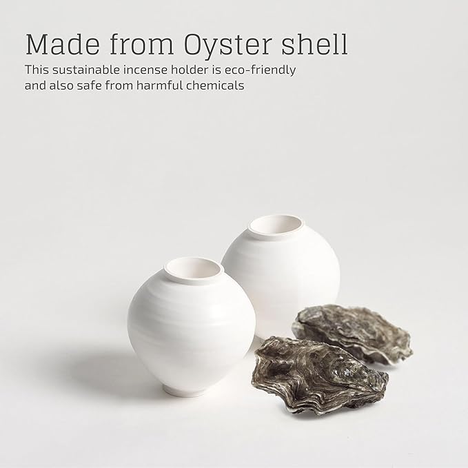 Moon Jar Incense Holder Set – Korean Home Decor with Upcycled Oyster Shell Stand, Aesthetic Tabletop Gift, Ceramic Art Figurine for Room Decoration