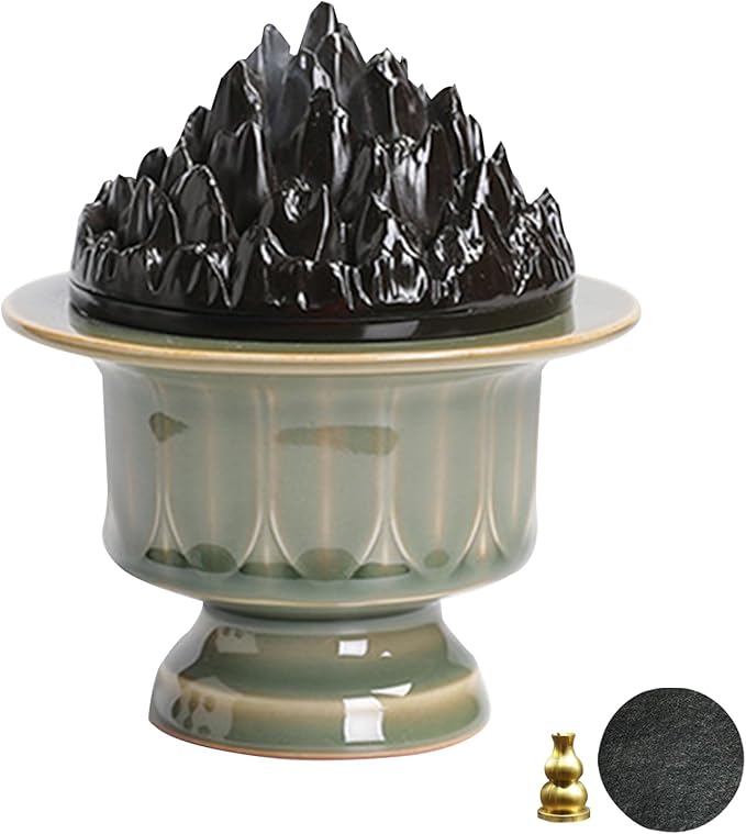 Ceramic Incense Burner with Lid of Mountain Shape,Incense Cone Holder for Coil Incense and Powder Incense,Mediation Gift,Room Decor(Celadon)