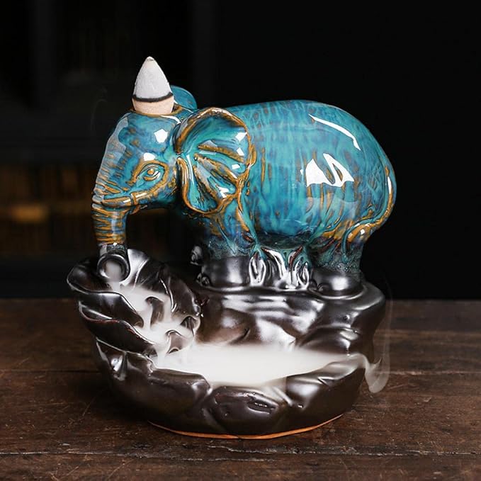 Comeon Backflow Incense Burner Elephant Incense Holder Handmade Ceramic Incense Waterfall Burner Censer + 20 Backflow Incense Cones 30 Incense Sticks 1 Tweezer 1 Mat for Meditaion Home Decor