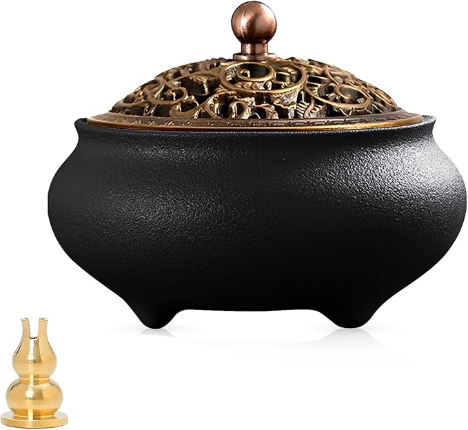 Coil Incense Burner， Ceramic Cone Incense Burner Holder Suitable for Incense/Cone/Coil/Stick, Sage, Mosquito Incense, and Charcoal. Incense Holder+Fireproof Cotton Inside.