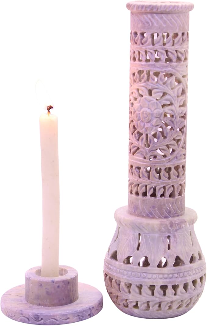 Carry Me Marble Soapstone Incense Stick Holder | Candle Burner | Tea Light Stand - Perfect Handmade Bottle Tower. Decorative Floral Carving for Gifting - Home and Office Decor - (2.5x2.5x10 Inches)