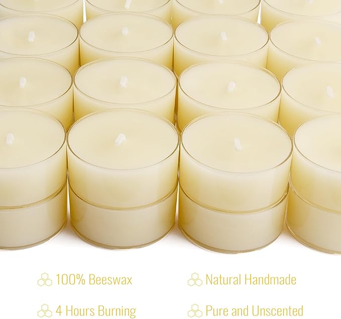 32 Count Pure Beeswax Tealight Candles Bulk - 4 Hour Clean Burning, Smokeless Candles for Birthday Party,Wedding,Spa (Ivory)