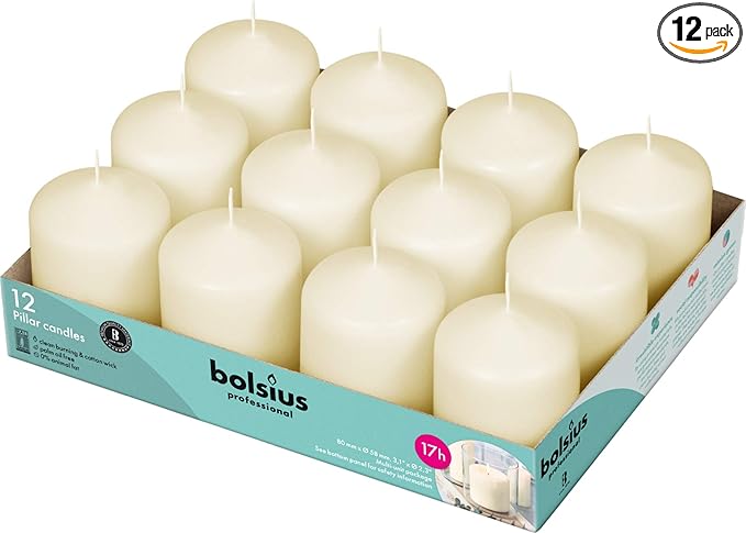 BOLSIUS 12 Ivory Pillar Candles Bulk - 2.3 x 3 inch Candle Set - 17 Hours Clean Burning - No Palm Oil - 0% Animal Fat - Premium European Quality - Wedding, Party, Dinner & Emergency Candles