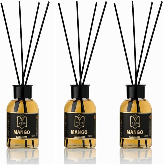 Luxury Reed Diffuser Set - 110ml Aromatherapy Diffuser with Natural Sticks, Aesthetic Room Decor, Long-Lasting Air Freshener for Home, Bathroom, and Office, Essential Oil Stick Diffuse (Mango Pack 3)