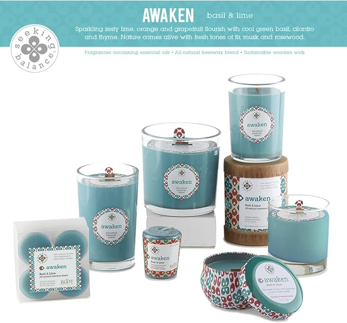 Root Candles Seeking Balance Wood Wick Spa Candle Aromatherapy Candles, 4-Ounce Travel Tin, Awaken: Basil & Lime