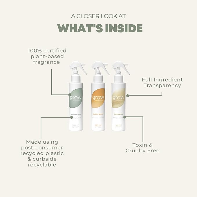 Grow Fragrance 100% Plant-Based Air Freshener Spray | Freshen Fabric & Rooms | Golden Grove, Woodland Sage, Blondewood Scents | Made with Natural Essential Oils - Variety 3 Pack, 5 oz each
