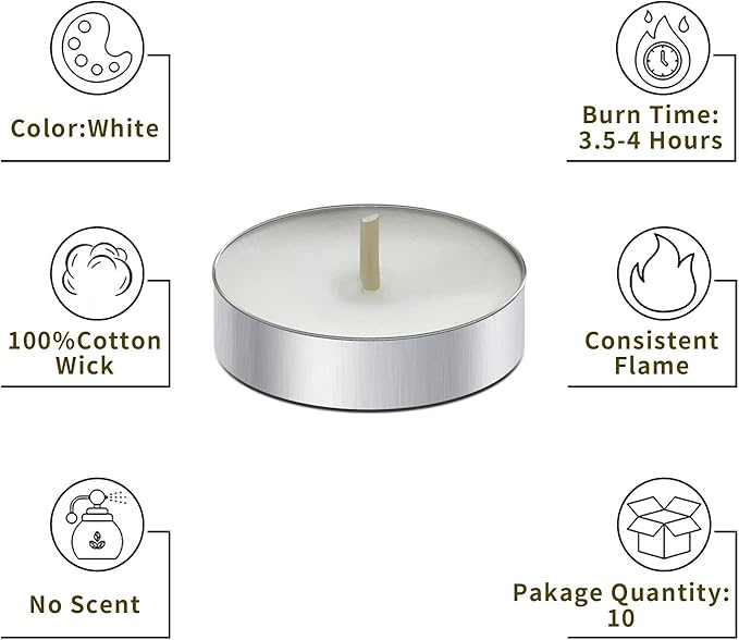 10 Pack Tea Candles Wedding Party and Home Decoration Votive Parties Tealight Small Wishing Bulk with 1.5-2 Hours Extended Burn Time Mini for Birthday Emergency Family (White)