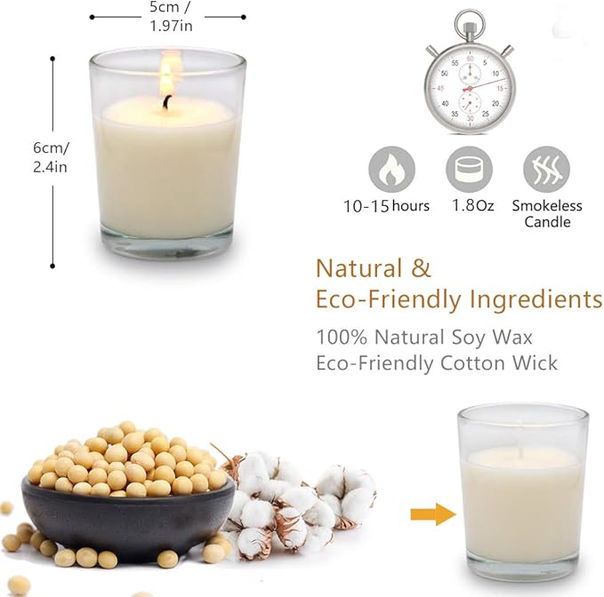 Set of 12 White Votive Candles Clear Glass Filled Unscented Soy Wax Candle for Home Décor Spa Weddings Birthday Holidays Party and DIY