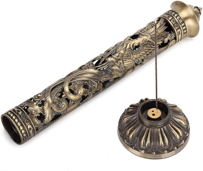 Incense Burner, Stick Incense Holder Brass Incense Holder, Bronze Dragon Phoenix Carving Incense Stick Vertical,Metal Holder Stand for Tea Room Decoration
