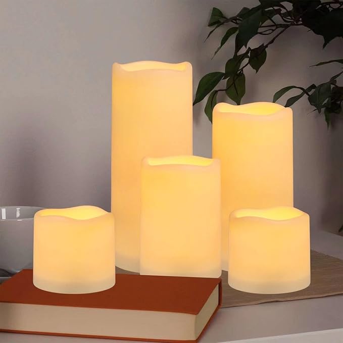 Flameless Battery Operated Outdoor Waterproof Set of 12(D: 3" x H: 3" 4" 5" 6") Pillar LED Candles with 10-Key Remote and Cycling 24 Hours Timer