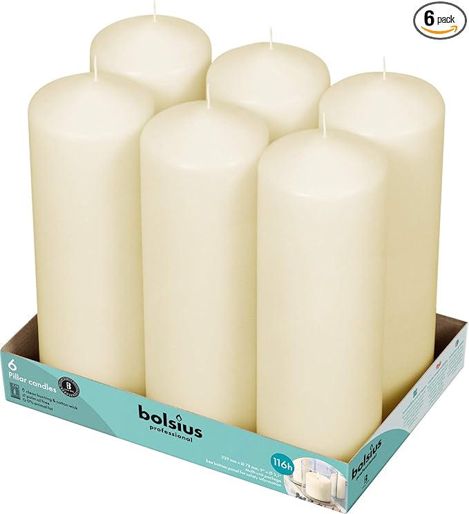 BOLSIUS 6 Ivory Pillar Candles Bulk - 3x9 Inches Candle Set - 116+ Hours Clean Burning - No Palm Oil - 0% Animal Fat - Premium European Quality - Unscented Dripless Any Occasion Pillars