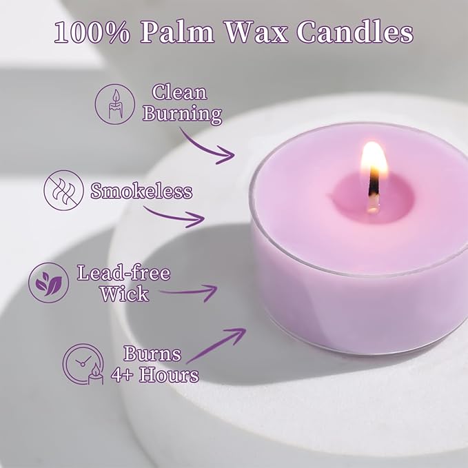 Scented Tea Lights Candles, Lavender Twilight, 48 Pack – Purple Scented Tealight Candles – 100% Palm Wax, 6 Hour Burn Aromatherapy Tea Light Votive Candle for Relaxation, Spa, Yoga, Home Decor