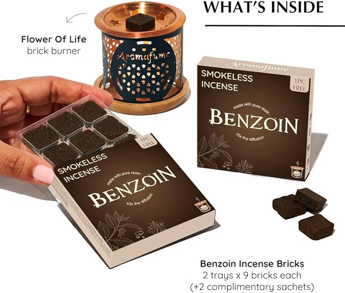 Benzoin Incense Bricks & Flower of Life Exotic Incense Burner by Aromafume | 2 Trays x 9 Bricks | Styrax Extract, Native to Indonesia | Ideal for Prayer & Meditation | Low-Smoke & Non-Toxic