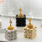 Ceramic Cube Golden Incense Burner Handheld Eid Incense Burner Middle East Arabian Festival Incense Holder Home Decoration Ornament Aromatherapy Furnace (White)