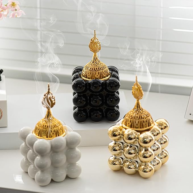 Ceramic Cube Golden Incense Burner Handheld Eid Incense Burner Middle East Arabian Festival Incense Holder Home Decoration Ornament Aromatherapy Furnace (Black)