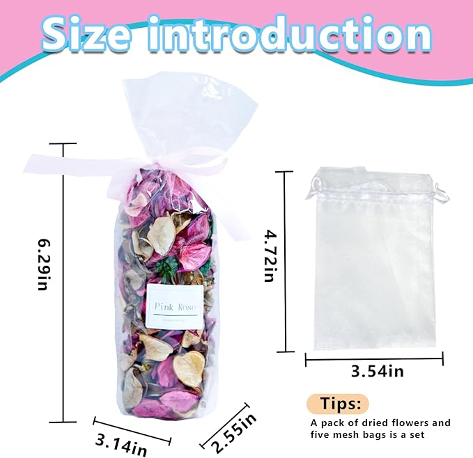 DIY Pink Rose Petal Fragrant Bag Set:1 Pack of Dried Flowers + 5 mesh Bags,Scented Potpourri Bags|Dried Petals for Bowls & Vases| Long-Lasting Aroma for Home Décor, Office, Bathroom, Gift Use.